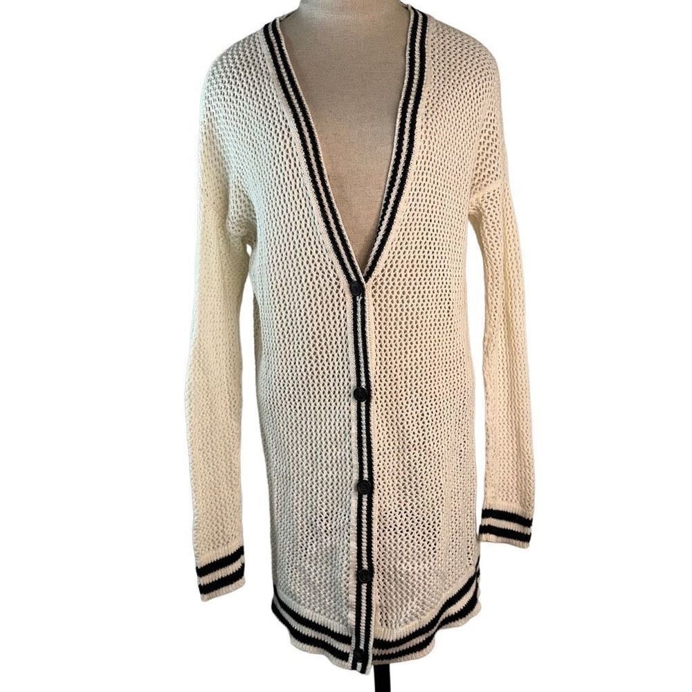 American Eagle Open Knit Boyfriend Cardigan Beige w Black Trim Womens Medium